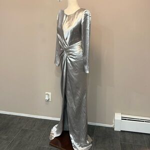 NEW Aidan Mattox evening gown maxi dress slit cut out silver formal wear